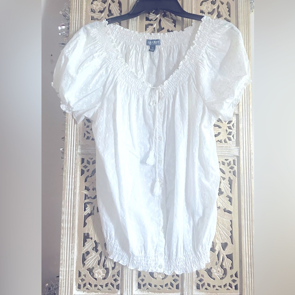 Izod embroidered 100% Cotton Blouse White short-sleeve peasant blouse boho